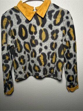 Gray & Mustard Animal Print Crewneck Sweater with Mustard Collar